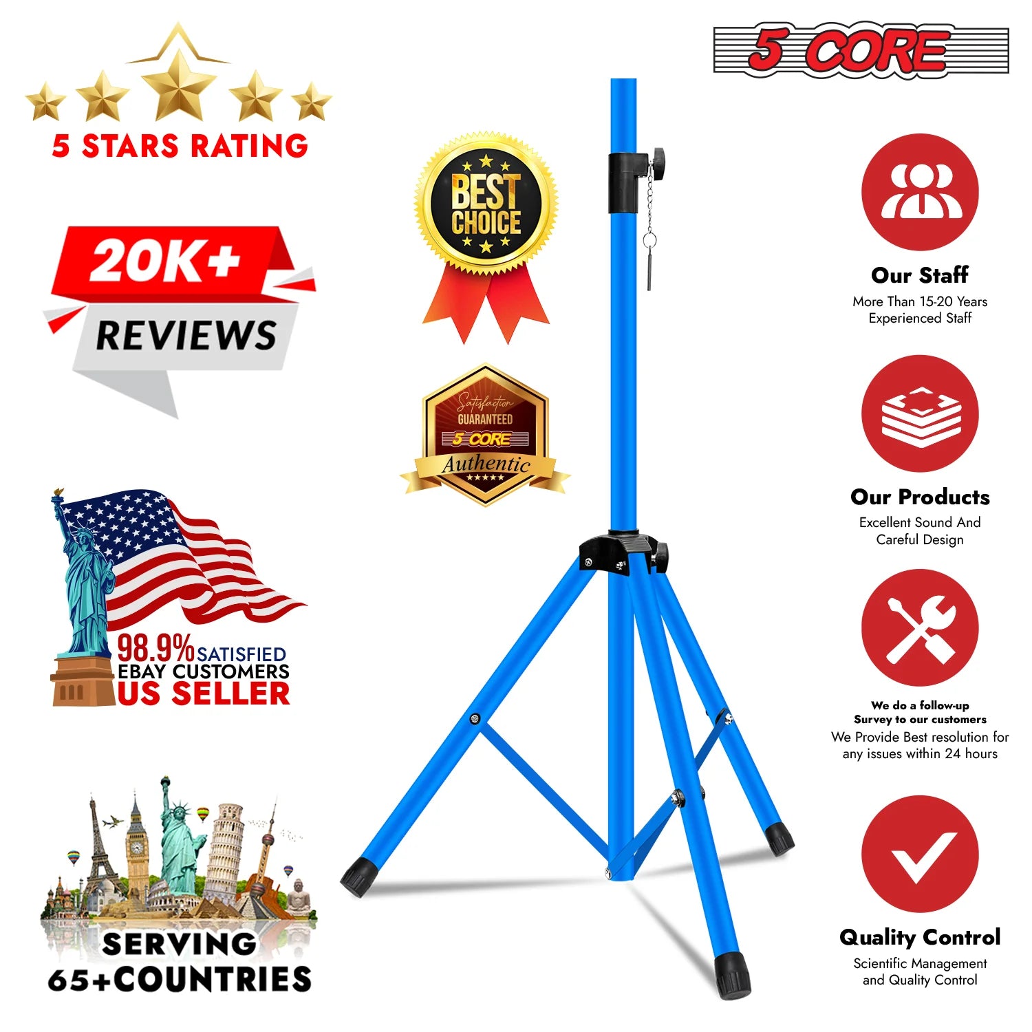 5Core Speaker Stand Tripod Tall Adjustable 72 Inch DJ Studio Monitor Stands Pole Mount BLUE