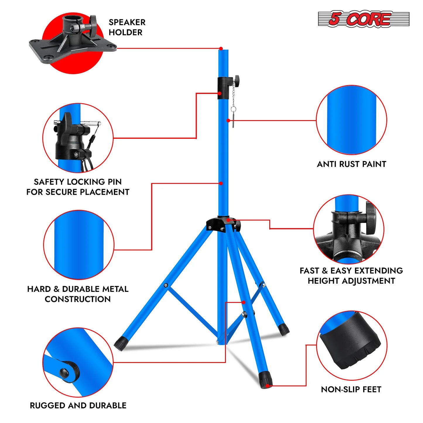 5Core Speaker Stand Tripod Tall Adjustable 72 Inch DJ Studio Monitor Stands Pole Mount BLUE