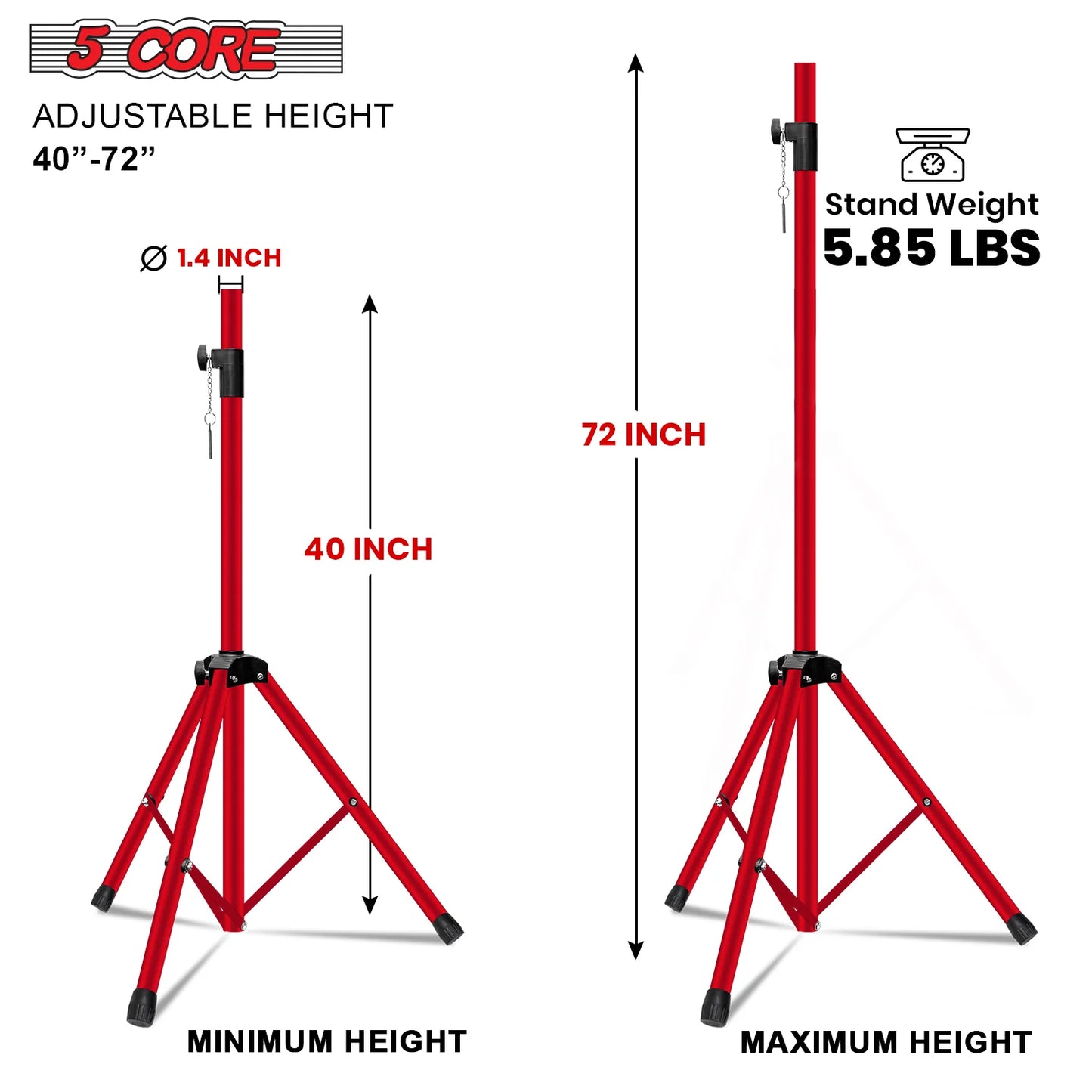 5Core Speaker Stand Tripod Tall Adjustable 72 Inch DJ Pole Mount Studio Monitor Stands RED