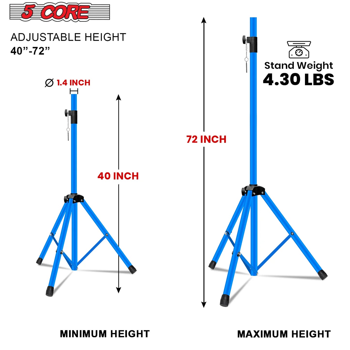 5Core Speaker Stand Tripod Tall Adjustable 72 Inch DJ Studio Monitor Stands Pole Mount BLUE